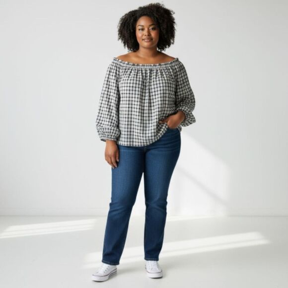 St Johns Bay Gingham Checkered Square Neck Puffy long Sleeve Top - NWT - Picture 3 of 8